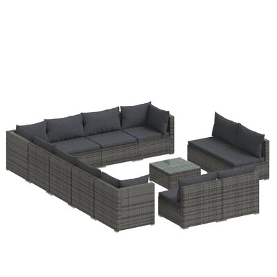 vidaXL 13-tlg. Garten-Lounge-Set mit Kissen Grau Poly Rattan