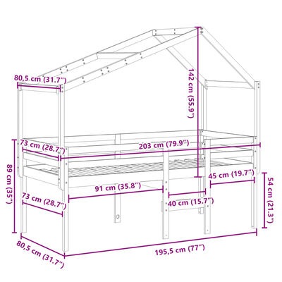 vidaXL Hochbett mit Dach 75x190 cm Massivholz Kiefer