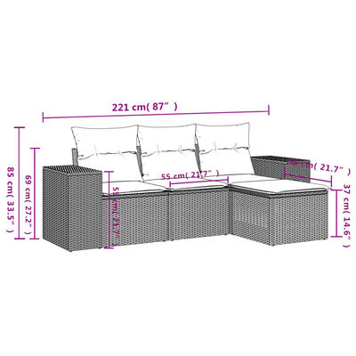 vidaXL 4-tlg. Garten-Sofagarnitur mit Kissen Grau Poly Rattan