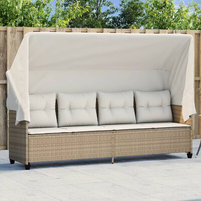 vidaXL Sonnenliege mit Dach und Kissen Beige Poly Rattan