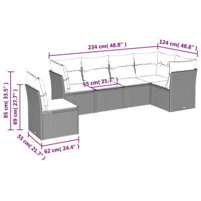 vidaXL 6-tlg. Garten-Sofagarnitur mit Kissen Grau Poly Rattan