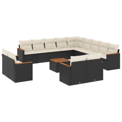 vidaXL 14-tlg. Garten-Sofagarnitur mit Kissen Schwarz Poly Rattan