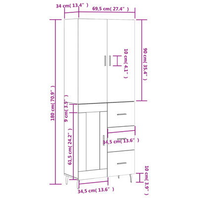 vidaXL Highboard Räuchereiche 69,5x34x180 cm Holzwerkstoff