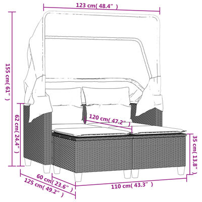 vidaXL Gartensofa 2-Sitzer mit Dach und Hockern Schwarz Poly Rattan