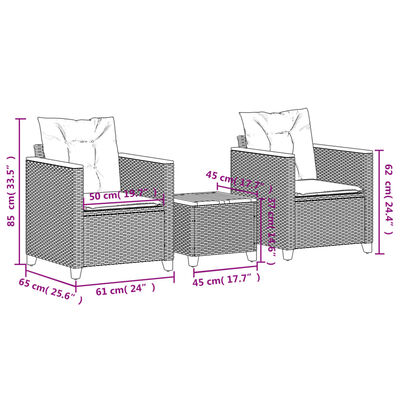 vidaXL 3-tlg. Bistro-Set mit Kissen Schwarz Poly Rattan Akazienholz