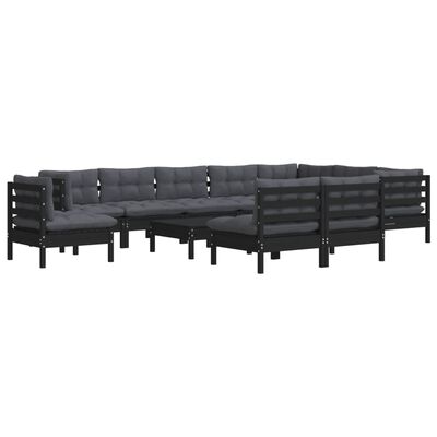 vidaXL 11-tlg. Garten-Lounge-Set mit Kissen Schwarz Massivholz Kiefer