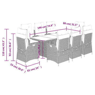 vidaXL 9-tlg. Garten-Essgruppe mit Kissen Grau Poly Rattan