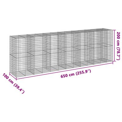 vidaXL Gabione mit Deckel 650x100x200 cm Verzinktes Eisen