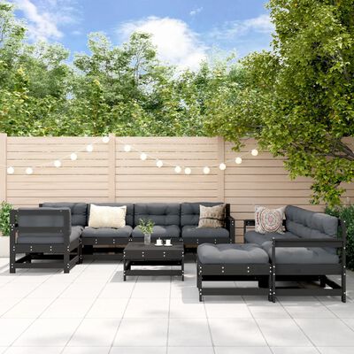 vidaXL 10-tlg. Garten-Lounge-Set mit Kissen Schwarz Massivholz