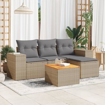 vidaXL 5-tlg. Garten-Sofagarnitur mit Kissen Beige Poly Rattan