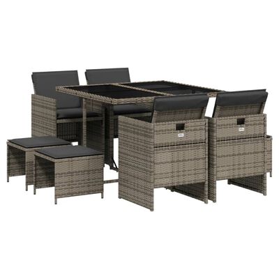 vidaXL 9-tlg. Garten-Essgruppe mit Kissen Grau Poly Rattan