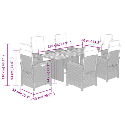 vidaXL 7-tlg. Garten-Essgruppe mit Kissen Grau Poly Rattan