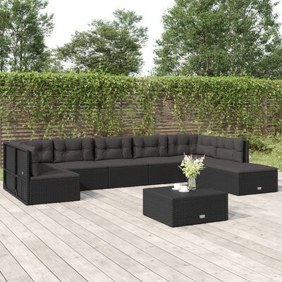 vidaXL 8-tlg. Garten-Lounge-Set mit Kissen Schwarz Poly Rattan