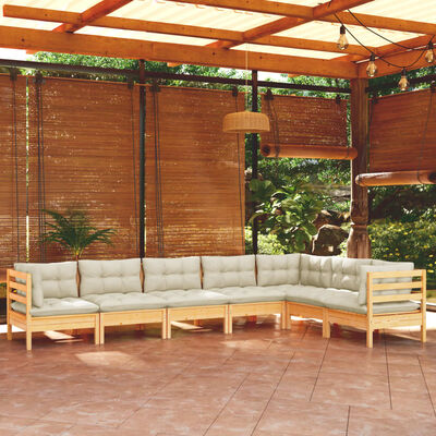 vidaXL 7-tlg. Garten-Lounge-Set mit Creme Kissen Massivholz Kiefer