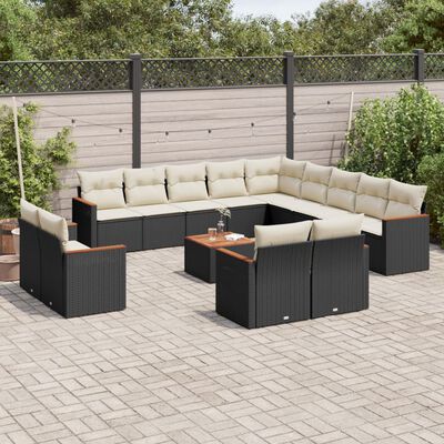 vidaXL 14-tlg. Garten-Sofagarnitur mit Kissen Schwarz Poly Rattan