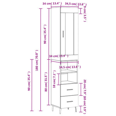 vidaXL Highboard Braun Eichen-Optik 34,5x34x180 cm Holzwerkstoff