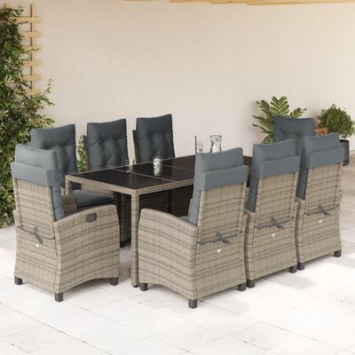 vidaXL 9-tlg. Garten-Essgruppe mit Kissen Grau Poly Rattan