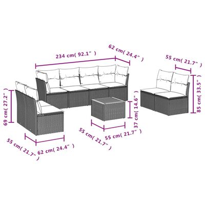 vidaXL 9-tlg. Garten-Sofagarnitur mit Kissen Schwarz Poly Rattan