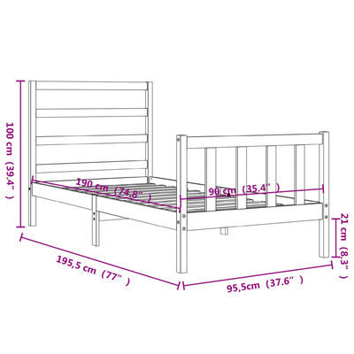 vidaXL Massivholzbett mit Kopfteil 90x190 cm