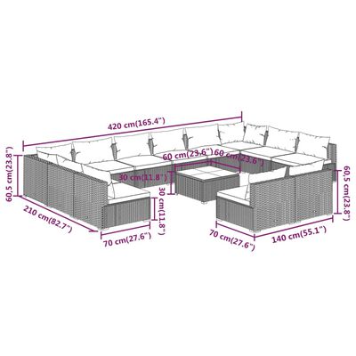 vidaXL 13-tlg. Garten-Lounge-Set mit Kissen Braun Poly Rattan