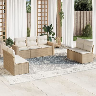 vidaXL 7-tlg. Garten-Sofagarnitur mit Kissen Beige Poly Rattan