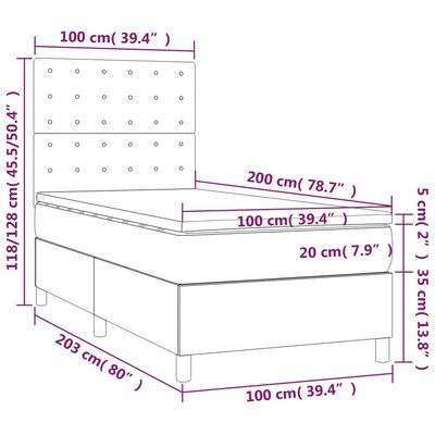 vidaXL Boxspringbett mit Matratze & LED Hellgrau 100x200 cm Stoff