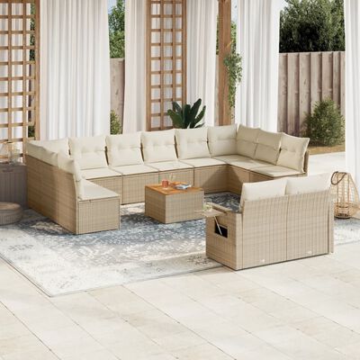 vidaXL 13-tlg. Garten-Sofagarnitur mit Kissen Beige Poly Rattan