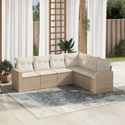 vidaXL 6-tlg. Garten-Sofagarnitur mit Kissen Beige Poly Rattan