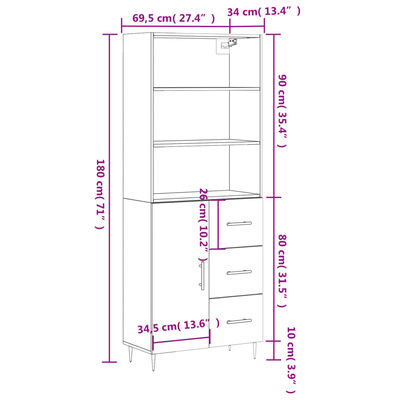 vidaXL Highboard Braun Eichen-Optik 69,5x34x180 cm Holzwerkstoff