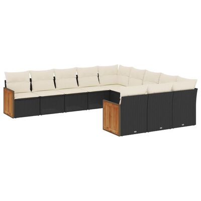 vidaXL 11-tlg. Garten-Sofagarnitur mit Kissen Schwarz Poly Rattan