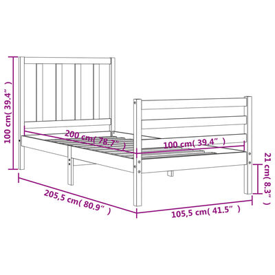 vidaXL Massivholzbett mit Kopfteil Schwarz 100x200 cm