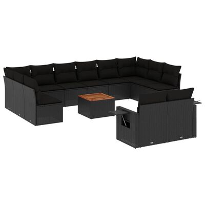 vidaXL 13-tlg. Garten-Sofagarnitur mit Kissen Schwarz Poly Rattan