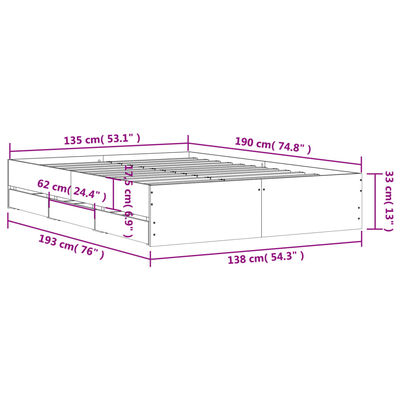 vidaXL Bettgestell mit Schubladen Grau Sonoma 135x190 cm Holzwerkstoff