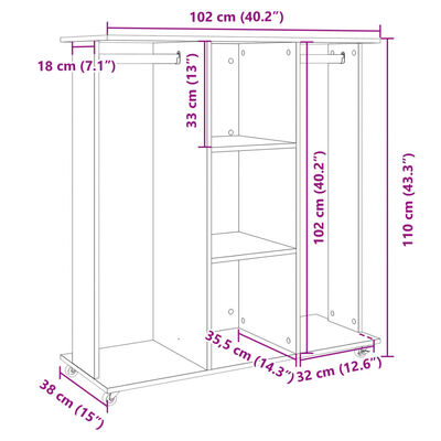 vidaXL Kleiderständer mit Rollen Schwarz 102x38x110 cm Holzwerkstoff