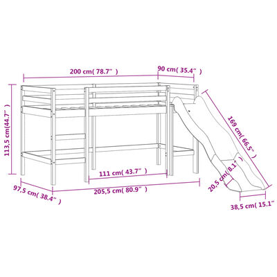 vidaXL Kinderhochbett mit Rutsche 90x200 cm Massivholz Kiefer