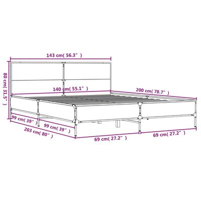 vidaXL Bettgestell Räuchereiche 140x200 cm Holzwerkstoff und Metall