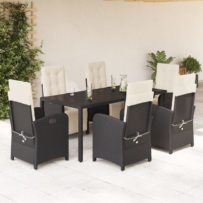 vidaXL 7-tlg. Garten-Essgruppe mit Kissen Schwarz Poly Rattan