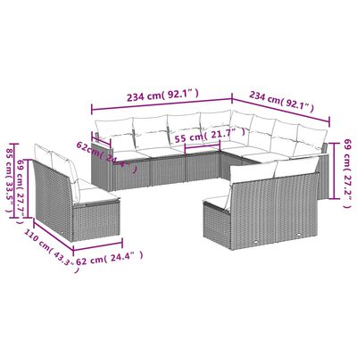 vidaXL 11-tlg. Garten-Sofagarnitur mit Kissen Schwarz Poly Rattan