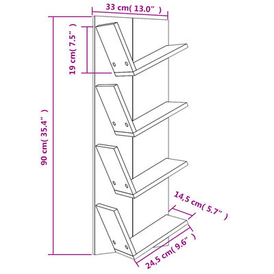 vidaXL Wand-Bücherregal mit 4 Fächern Weiß 33x16x90 cm