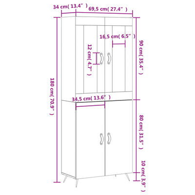 vidaXL Highboard Braun Eichen-Optik 69,5x34x180 cm Holzwerkstoff