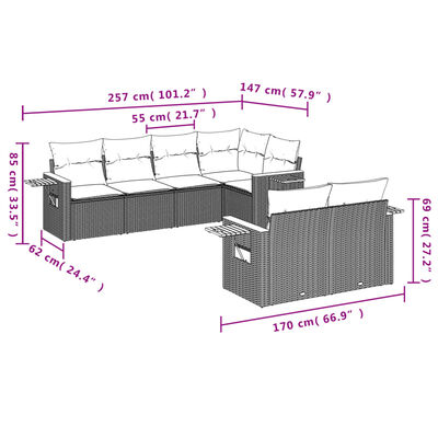 vidaXL 7-tlg. Garten-Sofagarnitur mit Kissen Schwarz Poly Rattan