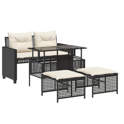 vidaXL 4-tlg. Garten-Sofagarnitur mit Kissen Schwarz Poly Rattan Glas