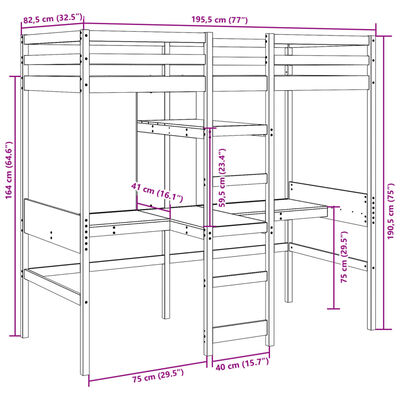 vidaXL Hochbett ohne Matratze Wachsbraun 75x190 cm Massivholz Kiefer