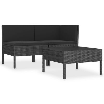 vidaXL 3-tlg. Garten-Lounge-Set mit Auflagen Poly Rattan Schwarz