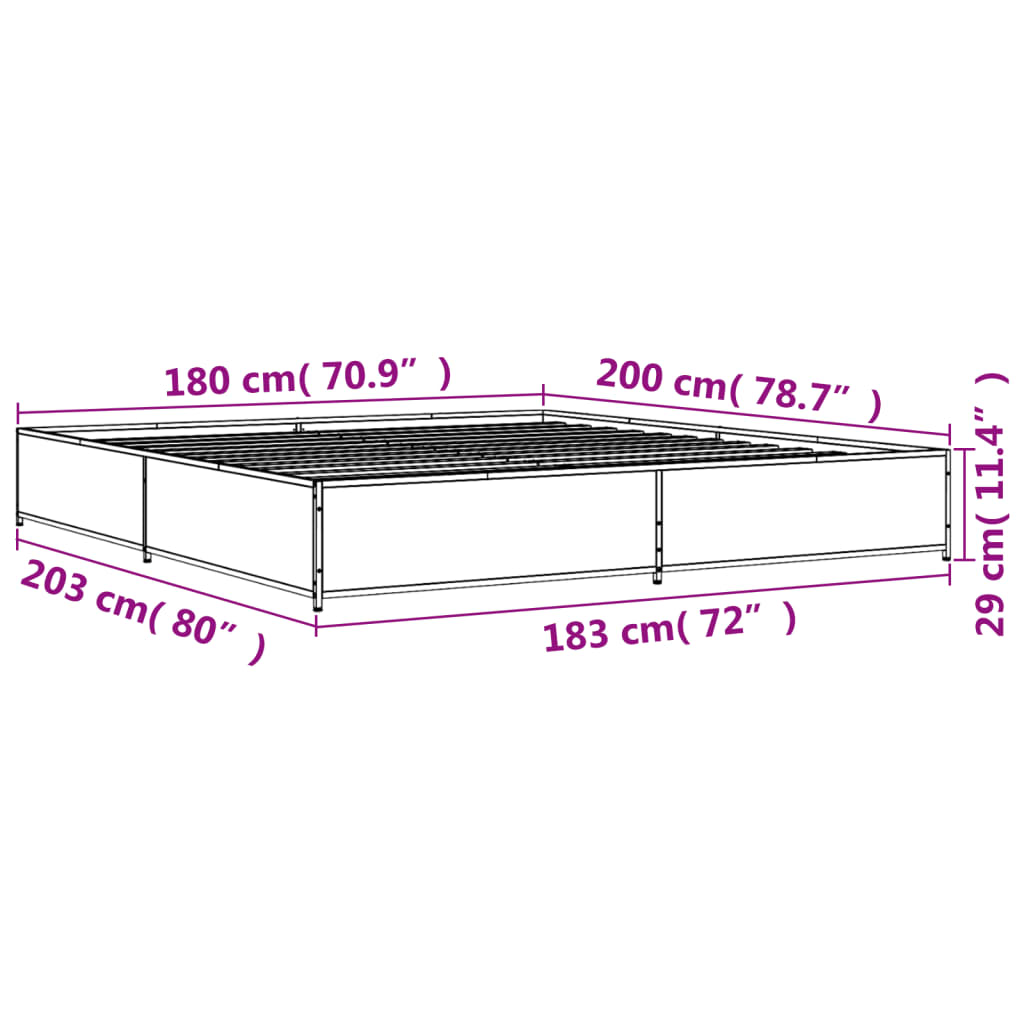 vidaXL Bettgestell Braun Eichen-Optik 180x200 cm Holzwerkstoff Metall