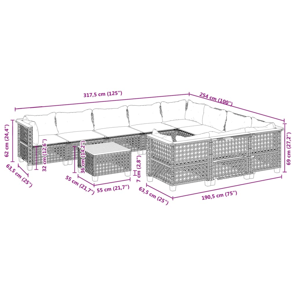 vidaXL 11-tlg. Garten-Sofagarnitur mit Kissen Schwarz Poly Rattan