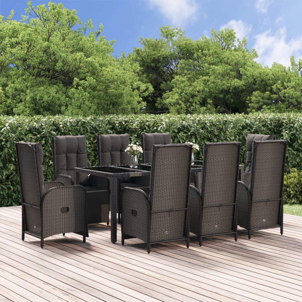 vidaXL 9-tlg. Garten-Essgruppe mit Kissen Schwarz Poly Rattan