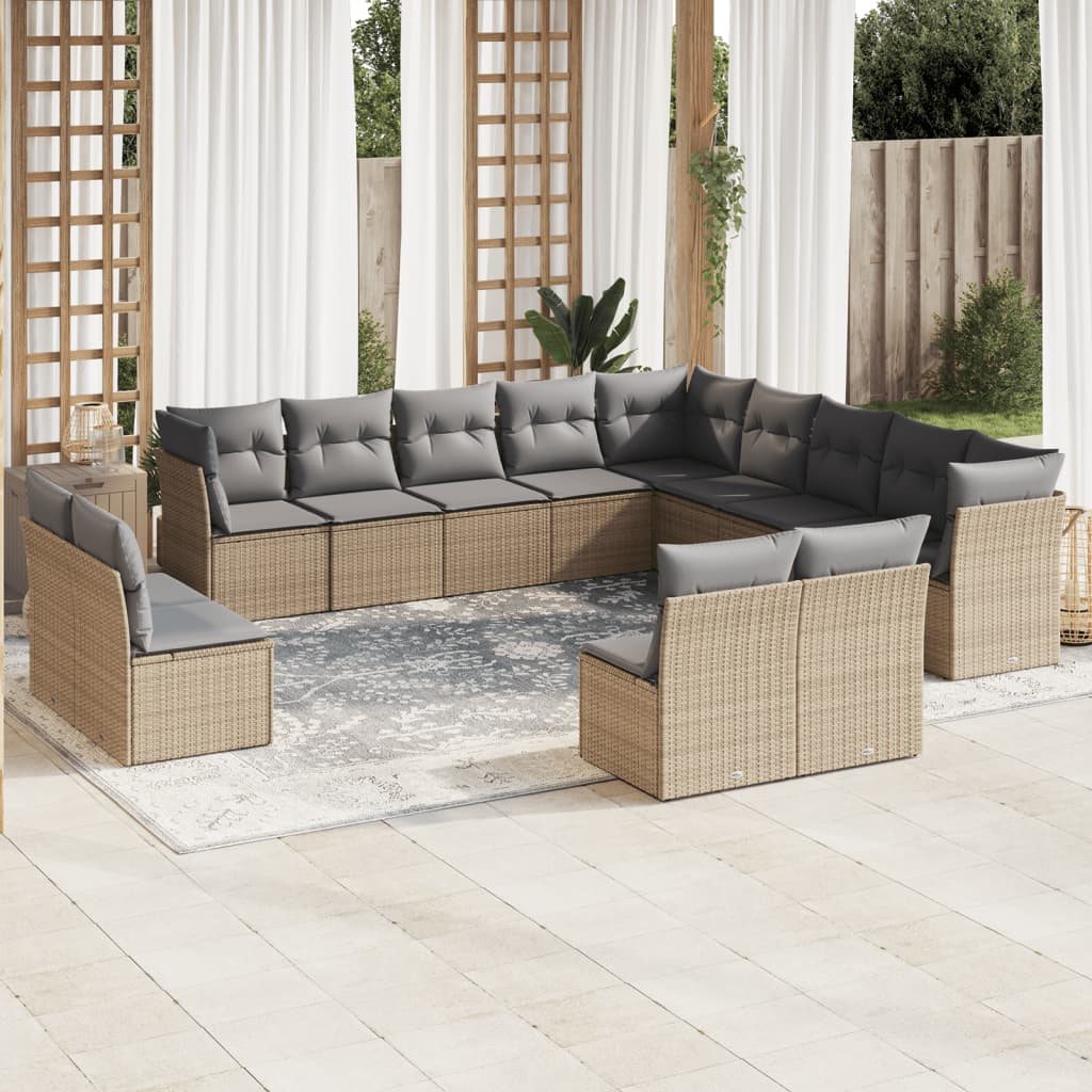 vidaXL 12-tlg. Garten-Sofagarnitur mit Kissen Beige Poly Rattan