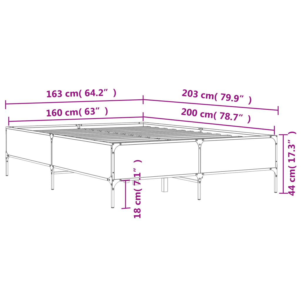 vidaXL Bettgestell Grau Sonoma 160x200 cm Holzwerkstoff und Metall