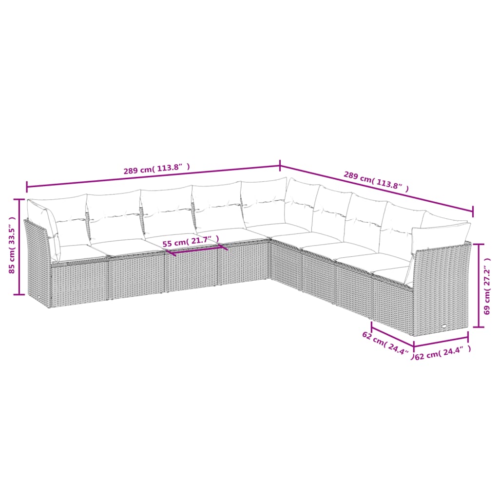 vidaXL 9-tlg. Garten-Sofagarnitur mit Kissen Braun Poly Rattan